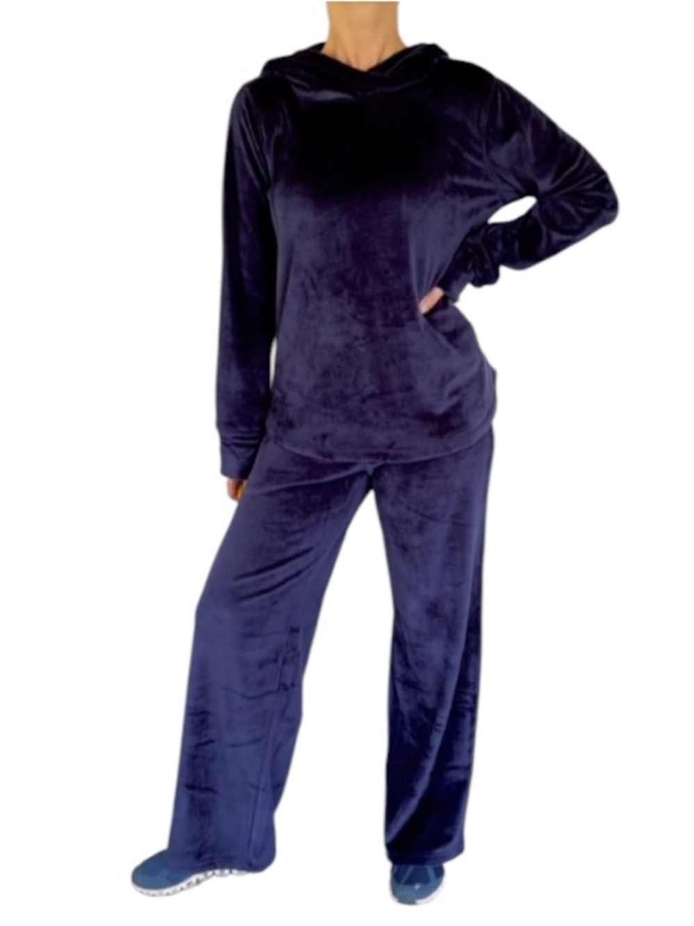 Pajamagram navy blue velour matching wide leg pants hoodie lounge set medium